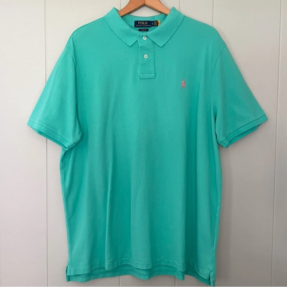 Polo Ralph Lauren Teal Green Pink Pony Preppy Classic Fit Polo Shirt Size XL